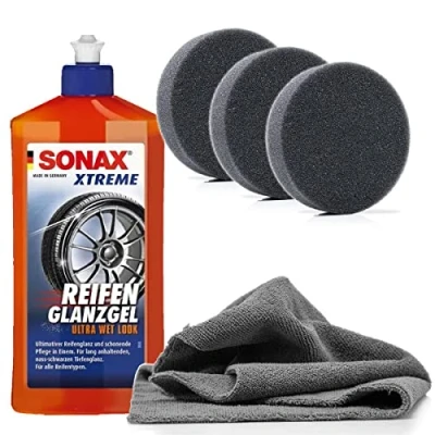 Abbildung von Reifenpflege Bundle SONAX Xtreme ReifenGlanzGel 0,5L + 3x detailmate Applikatorpad Mikrofasertuch Pflegt und schützt Reifen &amp; Gummi am Auto, für lang anhaltenden Glanz