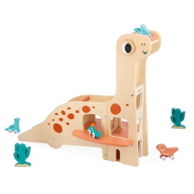 Abbildung von Janod Diplodocus Parkhaus für Kinder 4 Dinos zum Schieben, 2 Kakteen Fördert Feinmotorik Spielzeug aus FSC Holz Ab 24 Monate, J05835