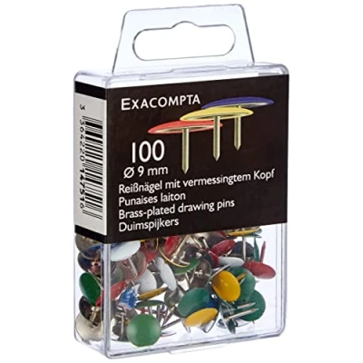 Abbildung von Exacompta 14751E 100er Pack Reißnägel Ø9mm aus Messing bunt in Kunststoffbox