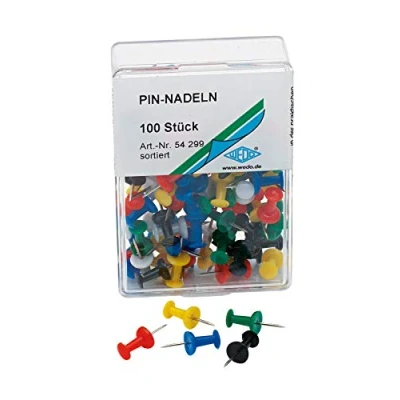 Abbildung von Wedo 54299 Pinnadeln Diabolo Form, Länge 2,3 cm, Kopfdurchmesser 9 mm, Nadellänge 1,1 100 Stück in Klarsichtdose, farbig sortiert