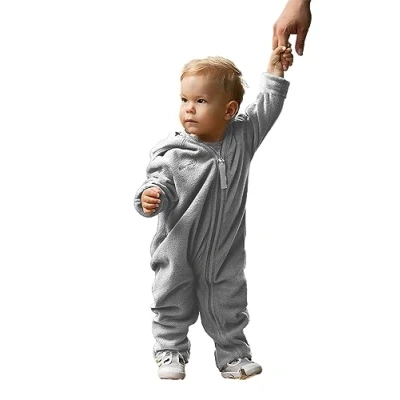 Abbildung von Hoppediz Baby Overall aus Fleece, extra lange Beine perfekt für die Babytrage, Umschlagbündchen an Händen und Füßen stone 80 86