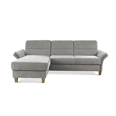 Abbildung von CAVADORE Eckcouch Wyk mit Federkern / Ecksofa im Landhaus Stil Longchair und Holzfüßen 252 x 90 162 Chenille, Hellgrau