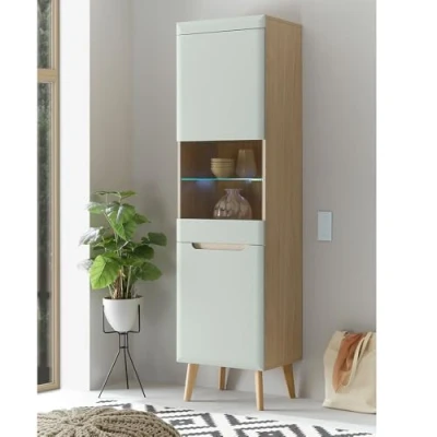 Abbildung von Lomadox Wohnzimmer Esszimmer Vitrinenschrank, Standvitrine, Vitrine in Grün Matt mit Eiche inkl. Beleuchtung