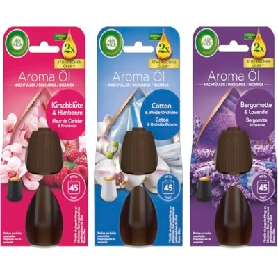 Abbildung von Air Wick Aroma Öl Flakon Mix Pack Florale Düfte 1x20ml Cotton &amp; Weiße Orchidee, 1x 20ml Bergamotte Lavendel Kirschblüte Himbeere