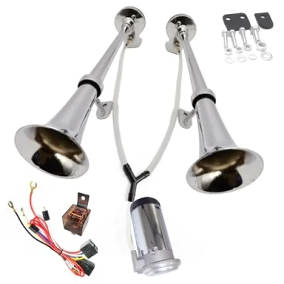 Abbildung von YIYIDA Air Horn Schiffshorn Lufthorn Autohupe Auto Lautsprecher silber 24V LKW Hupe Chrom Zink Elektrisches Doppelrohr Truck Trompete Car für Yacht etc