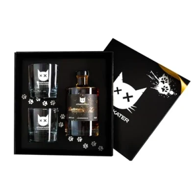 Abbildung von Böser Kater Butterscotch Whisky Likör Geschenkset mit 2 Gläsern, feine Geschmacksnoten von Karamell &amp; Vanille, das perfekte Geschenk in hochwertiger Box, 0,5l 20% Vol.