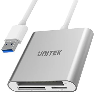 Abbildung von UNITEK Y 9313 All in One Kartenleser USB 3.0, 5 Gbps, 3 Slots,für SD/mini SD/micro SD(TF)/CompactFlash (CF)/MS für Windows PC, Mac, Notebook und TV, Silber, Aluminium