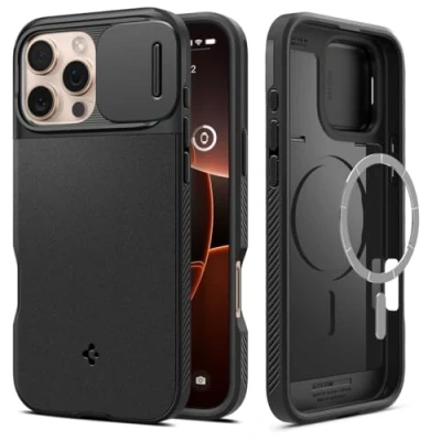 Abbildung von Apple iPhone 16 Pro Max Hülle MagSafe Kunststoff Spigen Hard Case/Backcover Handyhülle Schwarz Shockproof/Stoßfest