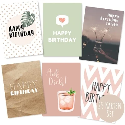 Abbildung von 25er Set Geburtstagskarten hochwertig Glückwunschkarte, Postkarte zum Geburtstag Happy Birthday Karten als Postkarten ideal Grußkarte und Gutschein für Männer Frauen