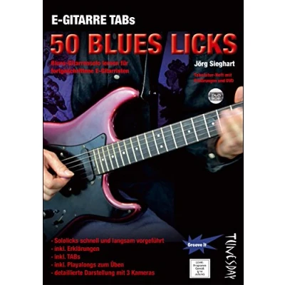 Abbildung von E Gitarre TABs 50 Blues Licks Gitarrensolo lernen für fortgeschrittene Gitarristen Tabulatur Heft mit Erklärungen und DVD