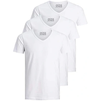 Abbildung von Jack and Jones Herren T Shirt Basic V Ausschnitt 3er Pack Einfarbig Slim Fit in Weiß Schwarz Blau Grau