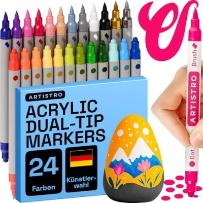 Abbildung von Artistro Acrylstifte 24 Farben, Marker Stifte mit 2 Spitze Pinsel und Punkt, Wasserfeste Stifte, Acrylic für Steine Bemalen, Stoff, Leinwand, Glas, Holz, Papier, DIY Crafts