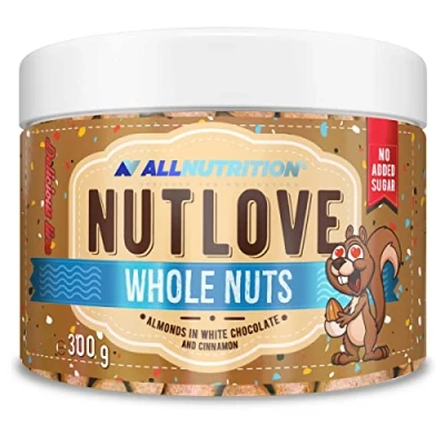 Abbildung von ALLNUTRITION Nutlove Whole Nuts Mandeln in Weißer Schokolade und Zimt ohne Zuckerzusatz White Crunch Zuckerfreie Süssigkeiten Mandelkerne 300g