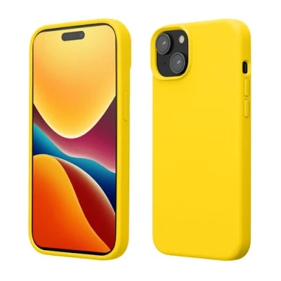 Abbildung von kwmobile Hülle für das iPhone 15 Silikon Handy Case stoßfeste Handyhülle mit weicher Oberfläche Strahlend Gelb