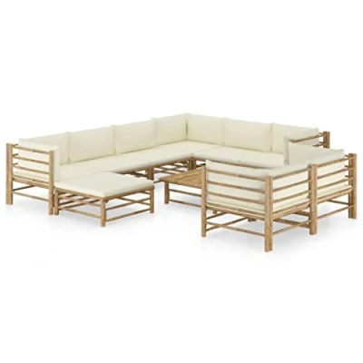 Abbildung von vidaXL Gartenmöbel 10 TLG. mit Cremeweißen Kissen Garten Garnitur Sitzgruppe Sofa Gartensofa Lounge Sitzgarnitur Gartenset Ecksofa Mittelsofa Fußhocker Bambus