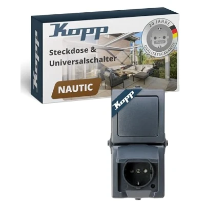 Abbildung von Kopp Nautic 2 fach Kombination, bestehend aus Steckdose mit Klappdeckel und erhöhtem Berührungsschutz (16A) sowie Universalschalter (10A), IP44, senkrechte Montage, anthrazit, 138515009