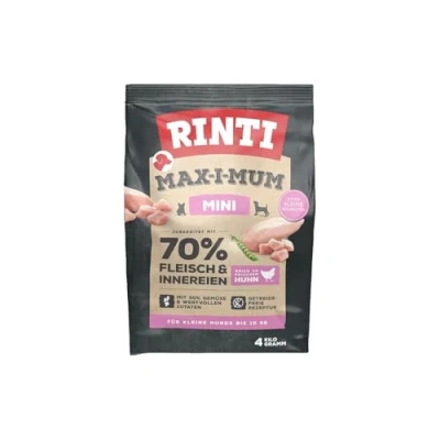 Abbildung von RINTI Max i Mum Mini Trockenfutter für kleine, ausgewachsene Hunde mit 70% Fleisch &amp; Innereien. Getreidefreies Alleinfutter ausgewogenem Protein /Fett Verhältnis 2x4kg Huhn