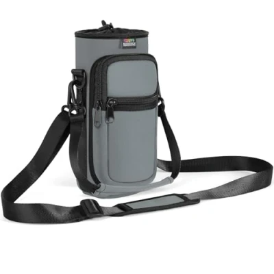 Abbildung von Nuovoware Flaschenhalter Trinkflasche Molle Beutel 25oz/710ml, Isolierte Neopren Kessel mit Schultergurt und Front Reißverschluss Tasche für Wandern Laufen Radfahren Jagd Reisen, Grau