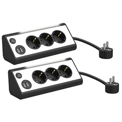 Abbildung von revolt Ecksteckdosen: 2er Set 3 Fach Eck Steckdosenleiste mit 2 USB Lade Ports &amp; Nachtlicht (Steckdosenblock, Steckdosen, Apple iPhone Ladekabel)
