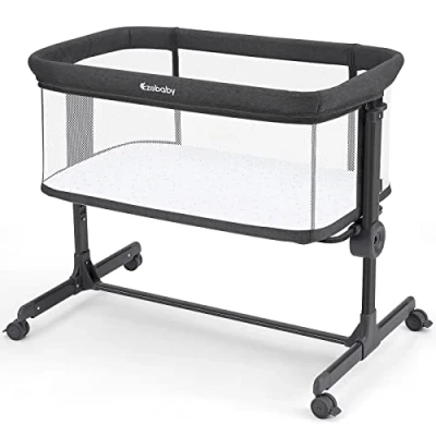 Abbildung von Ezebaby Beistellbett, 2 in1 Baby Bett ab Geburt bis 9 kg, Zustellbett 7 Höhenverstellung, mit Matratze/Faltbare Seitenwand/Räder, Netzgewebe Kinderbett (Dunkelgrau)