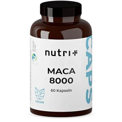 Abbildung von nutri+ Maca Kapseln schwarz rot gelb Pulver aus Wurzelextrakt