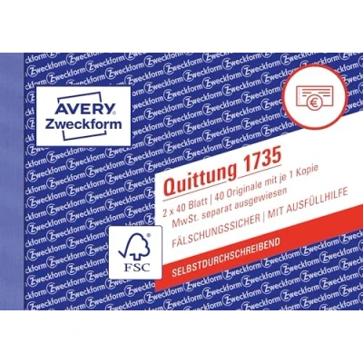Abbildung von Avery Zweckform Formularblock 1735 Quittung A6 SD 2x40 Blatt