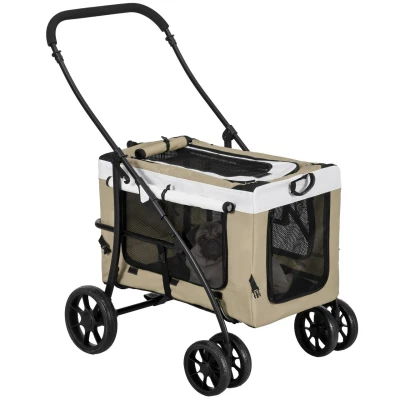 Abbildung von PawHut 2 in 1 Hundewagen Hundebuggy klappbar für Hunde &amp; Katzen bis 10 kg Katzenbuggy mit Kissen Netzfenstern Türen Aufbewahrungskorb Katzenwagen Buggy Khaki