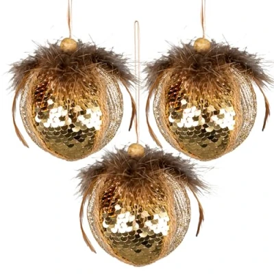 Abbildung von 3 Stück goldene Pailletten Kugel, 7 cm, Weihnachtsbaum Hängedekorationen, Festliche dekorative Ornamente, Märchen Thema, Anhänger