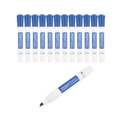 Abbildung von Amazon Basics Whiteboard Marker, geruchsarm, Keilspitze, trocken abwischbar, Blau, 12 Stück
