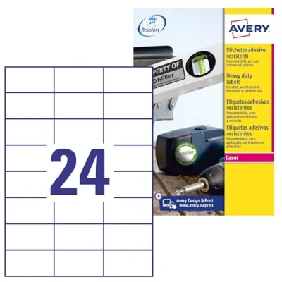 Abbildung von AVERY Zweckform L4718 20 Wetterfeste Folienetiketten (480 Klebeetiketten, 70x37mm auf A4, extrem stark selbstklebend, wasserfest, strapazierfähig, bedruckbare Outdoor Klebefolie) Blatt, weiß