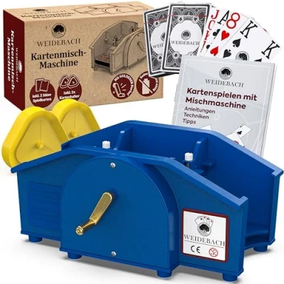 Abbildung von Weidebach® Blaue Kartenmischmaschine mit Goldener Kurbel für alle Standard Kartenspiele, Kartenmischer 2X Kartenspielen &amp; Ersatzkurbel, Karten Mischgerät Buch lustige Spieleabende