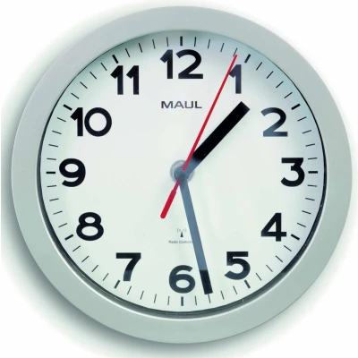 Abbildung von Maul Wanduhr MAULstep Ø 20 cm Funk mit automatischer Zeiteinstellung Moderne Funkuhr für Büro und Küche Große guter Lesbarkeit in großen Räumen Silber