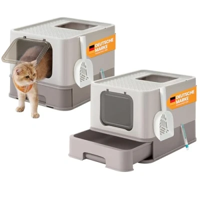 Abbildung von Feandrea Katzenklo 2er Set, Katzentoilette, mit Deckel, ausziehbares Tablett, geräumig für Katzen bis 15 kg, weniger Spuren, auslaufsicherer Boden, haferflockenfarben warmgrau PPT001G10