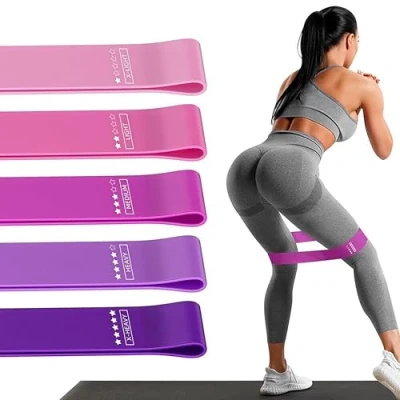 Abbildung von Fitnessbänder 5er Set Widerstandsbänder mit 5 Stufen Übungsbänder für Heim Fitness, Stretching, Krafttraining, Physiotherapie, Pilates, Yoga, Elastische Workout Bänder Frauen (Lila+Rosa)
