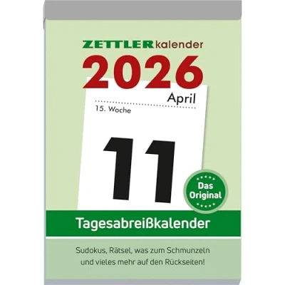 Abbildung von Tagesabreißkalender XXL 2026 9,9x14,3 cm 1 Tag auf Seite mit Sudokus, Rezepten, Rätseln uvm. den Rückseiten Bürokalender 313 0000