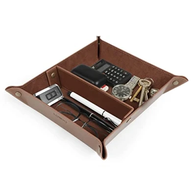 Abbildung von Londo Leder Taschenleerer Vide Poche Ledertablett Organizer, Praktische Aufbewahrungsbox für Geldbörsen, Uhren, Schlüssel, Münzen, Handys und Büroausstattung (Dunkelbraun)