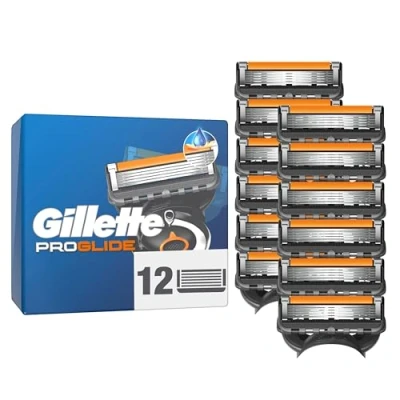 Abbildung von Gillette Fusion5 Proglide 12 Ersatzklingen mit 2x Gleitstreifen vor und nach den Klingen neuer EverGlide für unglaubliche Gründlichkeit Komfort
