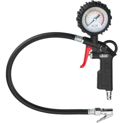 Abbildung von ViGOR V6905 Reifenfüller I feiner Füllhebel für gezielte Dosierung, Teilung: 0,1 bar Luftdruckprüfer mit gummiummanteltem Manometer zum Schutz vor leichten Stößen