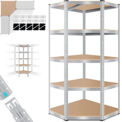 Abbildung von MASKO® Eckregal Lagerregal Schwerlastregal, Kellerregal, 180x75x40cm, bis 875 kg, 5 verstellbare Ablagen, MDF Platten Regal aus Metall, Steckregal, Werkstattregal, Keller, Garage, Silber