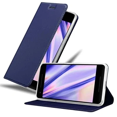 Abbildung von Cadorabo Hülle kompatibel mit Google Pixel 2 XL aus Premium Kunst Leder Flip Klappbare Stoßfeste Magnetische [Standfunktion] [Kartenfächern] Cover für Tasche in Blau