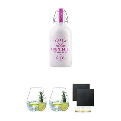 Abbildung von Eden Mill Golf Gin Schottland 0,5 Liter + Tonic Glas 5414/67 Schiefer Glasuntersetzer eckig ca. 9,5 cm Ø 2 Stück