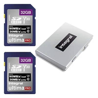 Abbildung von Integral SD Karte mit 32 GB, 2er Pack, Schutzgehäuse aus Metall, 4K Ultra HD Video, Premium Lesegeschwindigkeit bis zu 90 MB/s, SDHC V30 UHS I U3, Klasse 10, Speicherkarte, Doppelpack