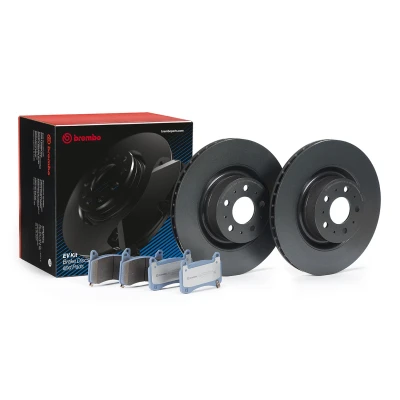 Abbildung von BREMBO KT 08 003 Bremsscheiben und beläge innenbelüftet ohne Zubehör mit Anti Quietsch Blech akustischer Verschleißwarnung TESLA: Model Y