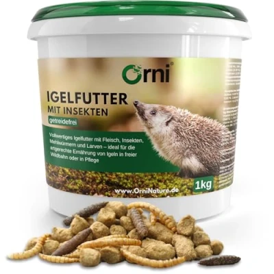 Abbildung von Orni Igelfutter mit Insekten ohne Getreide 1kg Alleinfutter für Igel Artgerecht getreidefrei Trockenfutter Mehlwürmer Seidenraupen und hohem Fleischanteil
