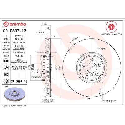 Abbildung von BREMBO 09.D897.13 Bremsscheibe 395 36 5 innenbelüftet, Verbundbremsscheibe beschichtet hochgekohlt mit Schrauben BMW: 8 Coupe, X5, 7