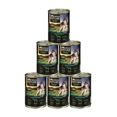 Abbildung von Dehner Wild Nature Hundefutter Bergweide, Nassfutter getreidefrei / zuckerfrei, für ausgewachsene Hunde, Pferd, 6 x 400 g Dose (2.4 kg)