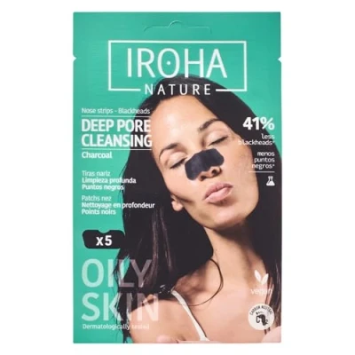 Abbildung von Iroha Nature Nasenstreifen zur Entfernung von Mitessern 5 Stk. 100% natürliche Aktivkohle, Aloe Vera und Allantoin für Tiefenreinigung Antioxidative antibakterielle Wirkung