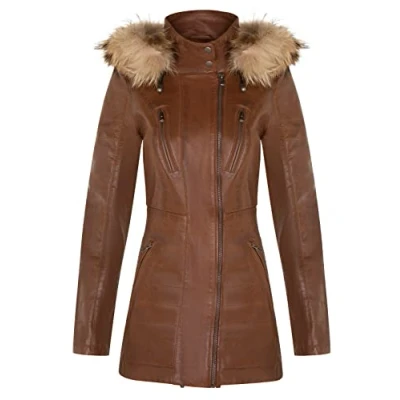 Abbildung von Infinity Leather Bräunen Damen Leder Parka Jacke Gesteppte Abnehmbare Kapuze Regenmantel S