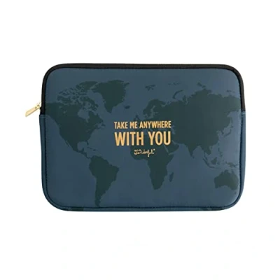 Abbildung von Mr. Wonderful Universal Schutzhülle bis 28,9 cm (11 Zoll) mit Weltkarte auf marineblauer Hintergrund und Typografie, Take me Anywhere with You, gepolstert verstärkt Reißverschluss