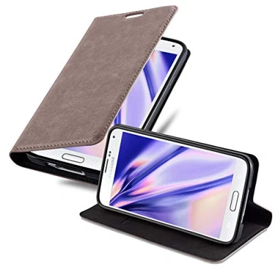 Abbildung von Cadorabo Hülle kompatibel mit Samsung Galaxy S5 / NEO aus Premium Kunst Leder Flip Klappbare Stoßfeste Magnetische [Standfunktion] [Kartenfächern] Cover für Tasche in Braun